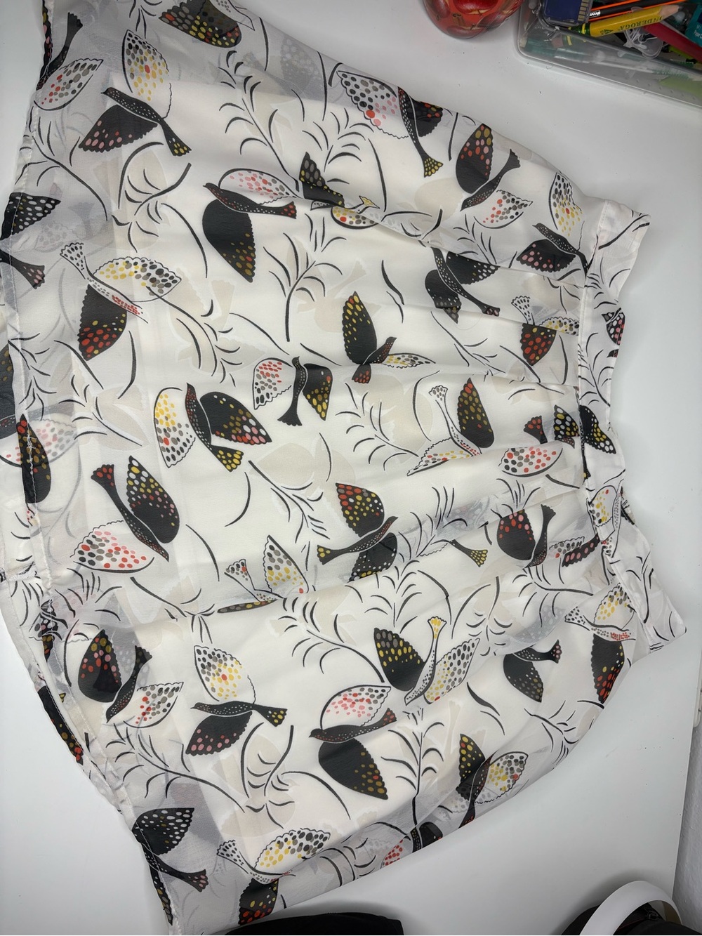 Old Navy White Mini Skirt with Black, Yellow and Red Bird Print
